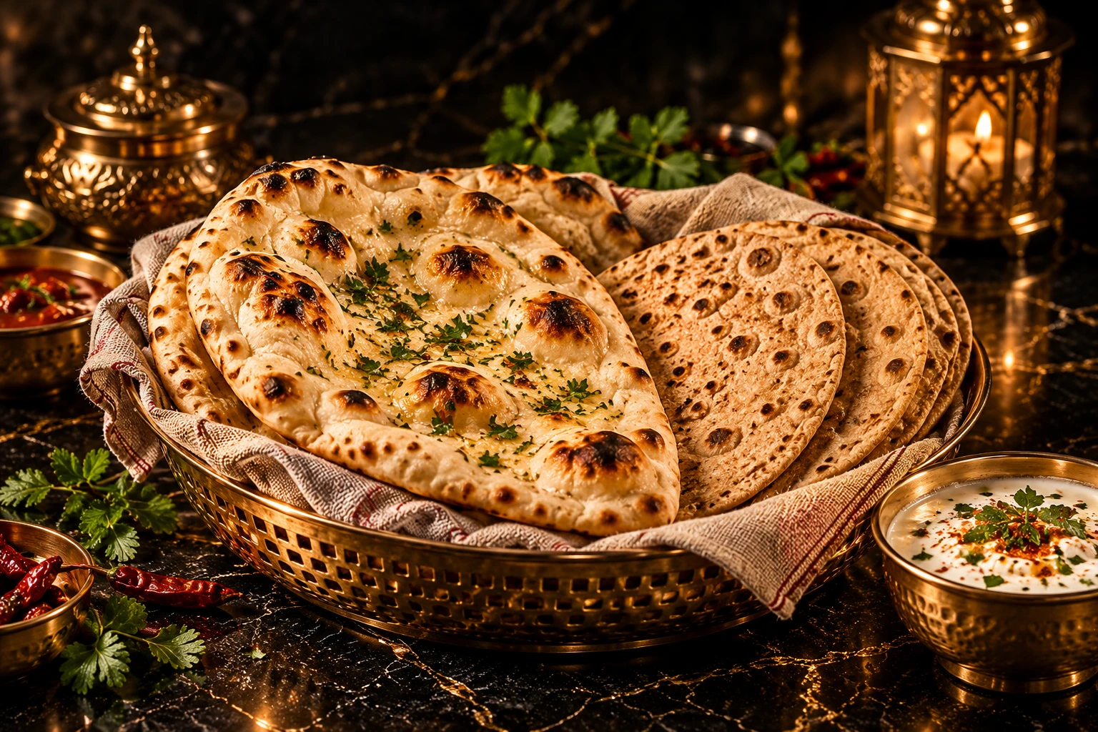 Illustration: Fresh naan and roti in a bread basket