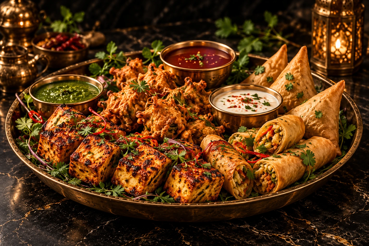 Illustration: Punjabi vegetarian starters with paneer, samosas and pakoras