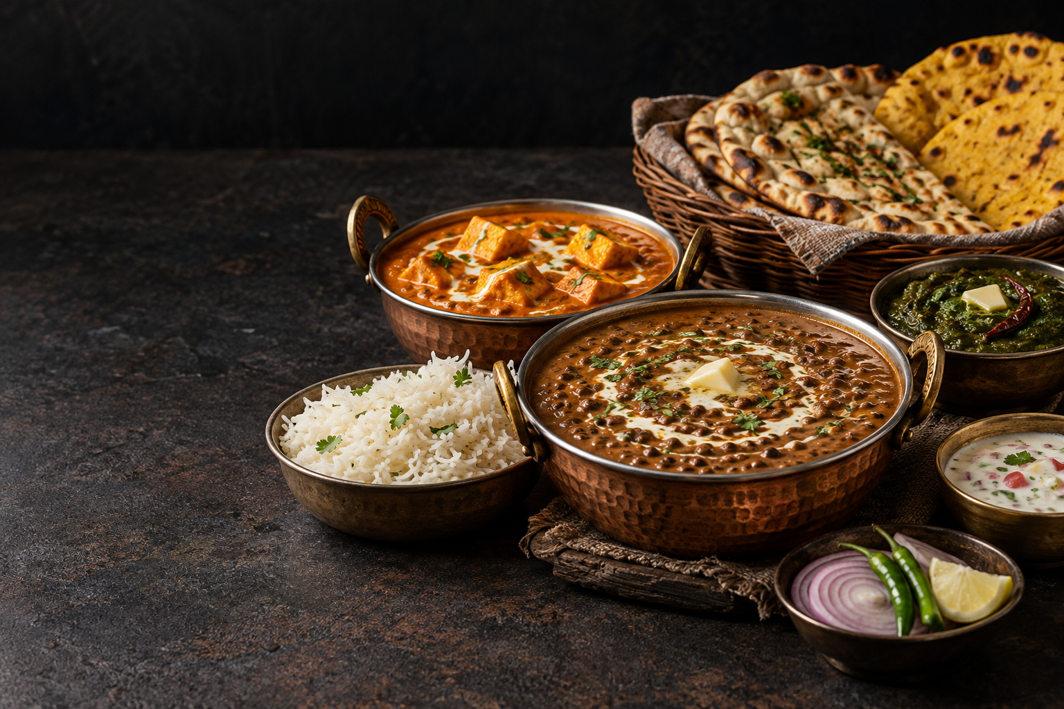 Illustrative Punjabi feast with curries, rice and traditional breads